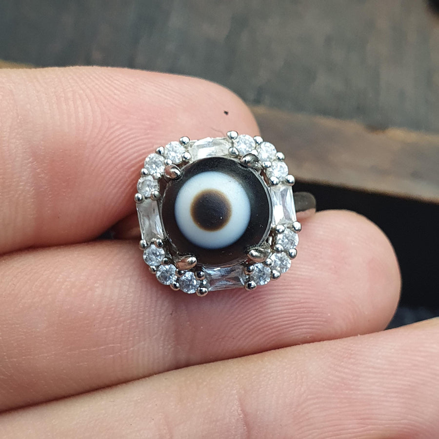 Silver plated brass Ring With Tibetan Goat Eye Agate Center Stone