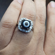 Silver plated brass Ring With Tibetan Goat Eye Agate Center Stone