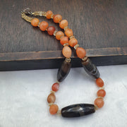 Himalayan Agate Carnelian Necklace, Banded Eye Agate Beads, clear Quartz Spacers, Tibetan Dzi Style Stone Strand, Collector Bead Jewelry