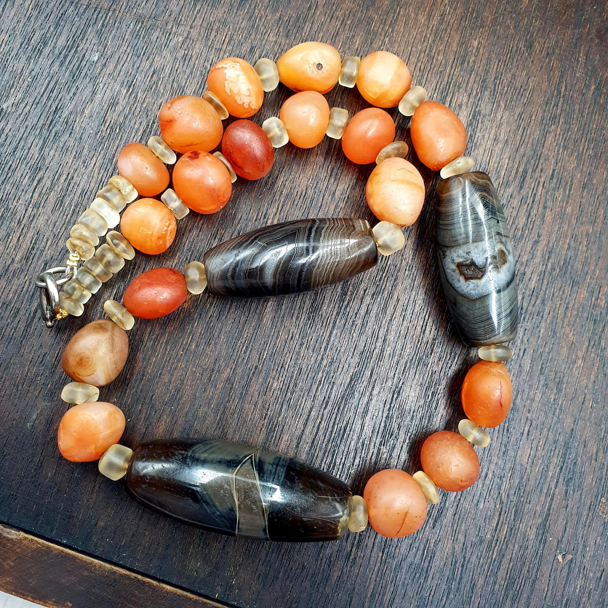 Himalayan Agate Carnelian Necklace, Banded Eye Agate Beads, clear Quartz Spacers, Tibetan Dzi Style Stone Strand, Collector Bead Jewelry