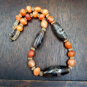 Himalayan Agate Carnelian Necklace, Banded Eye Agate Beads, clear Quartz Spacers, Tibetan Dzi Style Stone Strand, Collector Bead Jewelry