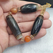 Himalayan Agate Carnelian Bracelet, Banded Eye Agate Beads, clear Quartz Spacers, Tibetan Dzi Style Stone Strand, Collector Bead Jewelry