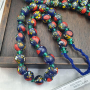 Blue Glass Trade Bead Necklace, African Beads with Red and Speckled Multicolor, Large Round Bead Strand, Tribal Boho Statement Jewelry