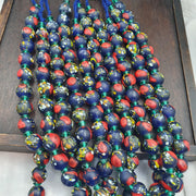 Blue Glass Trade Bead Necklace, African Beads with Red and Speckled Multicolor, Large Round Bead Strand, Tribal Boho Statement Jewelry