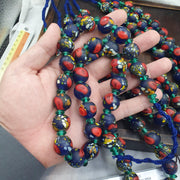 Blue Glass Trade Bead Necklace, African Beads with Red and Speckled Multicolor, Large Round Bead Strand, Tribal Boho Statement Jewelry