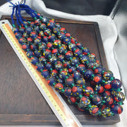 Blue Glass Trade Bead Necklace, African Beads with Red and Speckled Multicolor, Large Round Bead Strand, Tribal Boho Statement Jewelry
