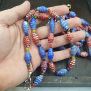Vintage Millefiori style Feather Blue & Red Glass red whiteheart beads Necklace