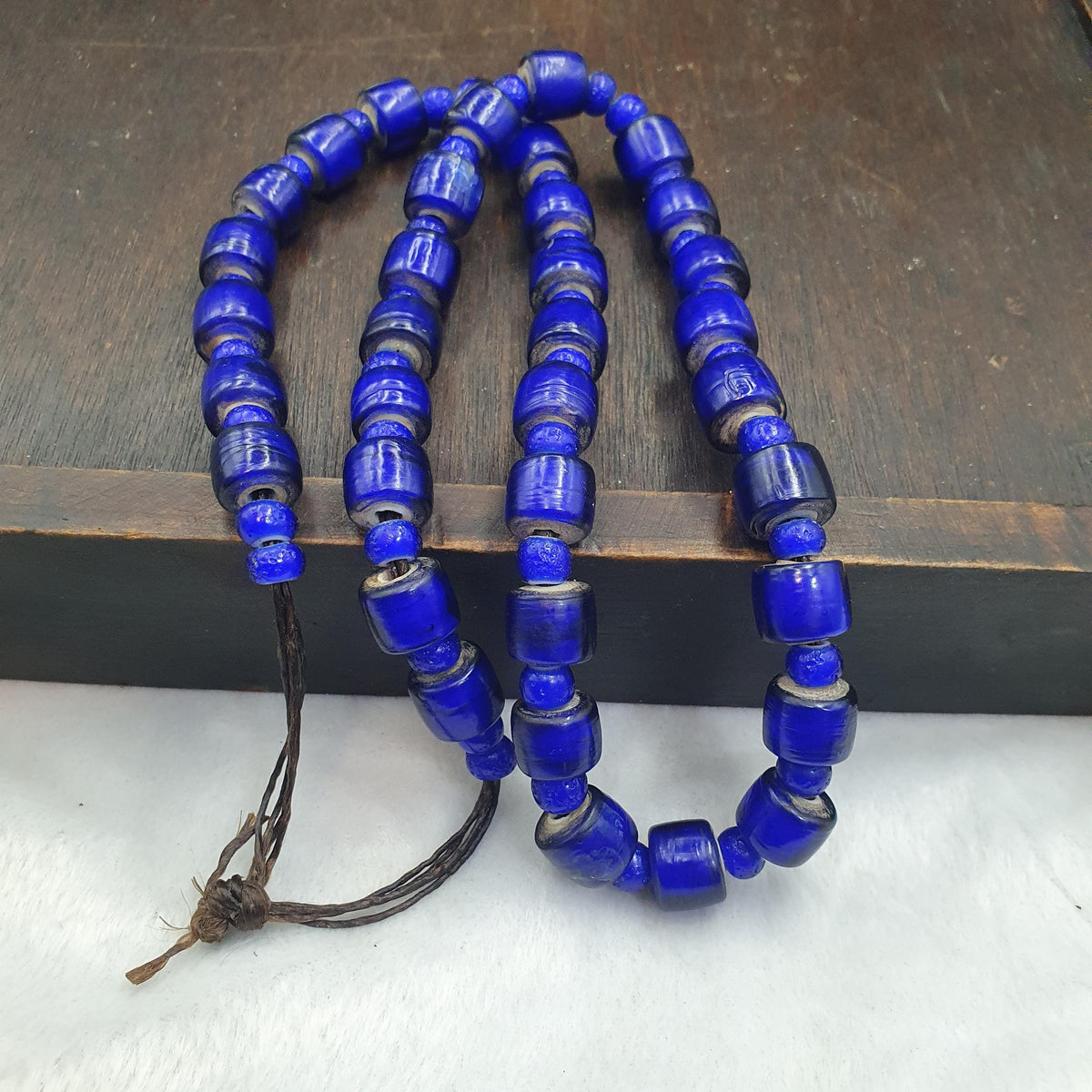 African Trade Beads, Venetian White Heart Design, blue Glass Long Strand - 12mm, Vintage Italian Style