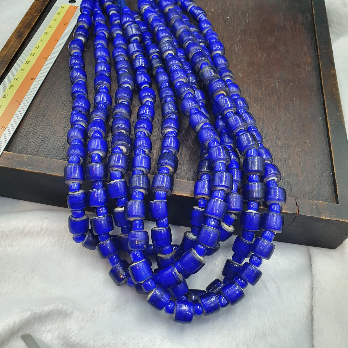 African Trade Beads, Venetian White Heart Design, blue Glass Long Strand - 12mm, Vintage Italian Style