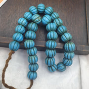 Turquoise Blue Glass Melon Beads, Old Fluted Trade Bead Strand with Aged Patina, Ethnic Tribal Beads for Jewelry Making