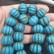 Turquoise Blue Glass Melon Beads, Old Fluted Trade Bead Strand with Aged Patina, Ethnic Tribal Beads for Jewelry Making