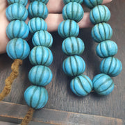 Turquoise Blue Glass Melon Beads, Old Fluted Trade Bead Strand with Aged Patina, Ethnic Tribal Beads for Jewelry Making