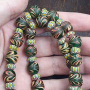 Venetian Style Feather Bead Necklace, Green Combed Glass with Star Chevron Beads, African Trade Bead Strand, Handmade Restrung