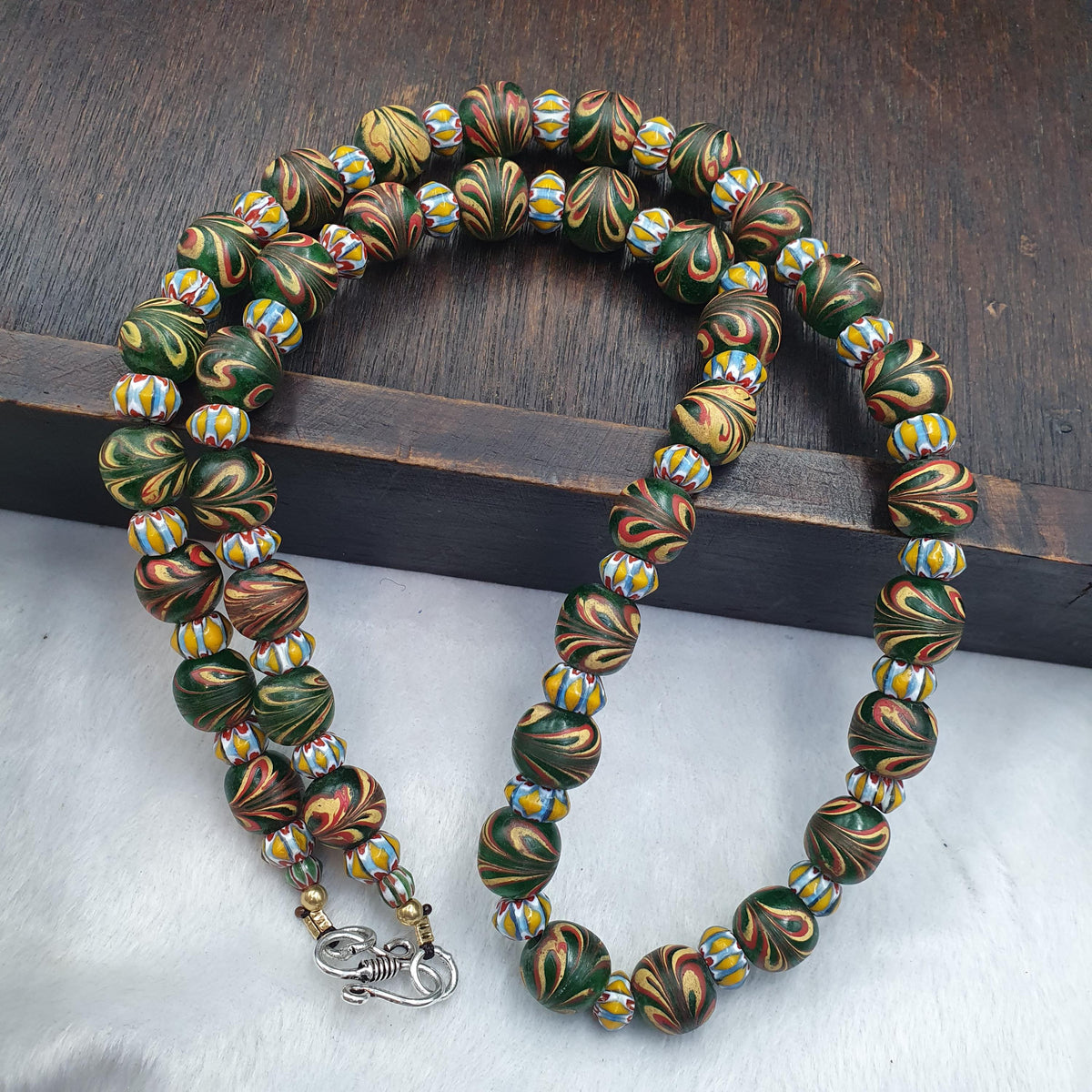 Venetian Style Feather Bead Necklace, Green Combed Glass with Star Chevron Beads, African Trade Bead Strand, Handmade Restrung