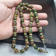 Venetian Style Feather Bead Necklace, Green Combed Glass with Star Chevron Beads, African Trade Bead Strand, Handmade Restrung