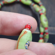 Venetian Style Face Bead Necklace, Green Millefiori Mask Trade Beads 30mm, African Style Glass Bead Strand, Handmade Restrung