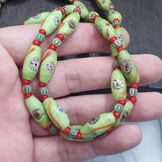 Venetian Style Face Bead Necklace, Green Millefiori Mask Trade Beads 30mm, African Style Glass Bead Strand, Handmade Restrung