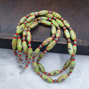 Venetian Style Face Bead Necklace, Green Millefiori Mask Trade Beads 30mm, African Style Glass Bead Strand, Handmade Restrung