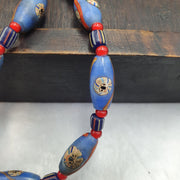 Venetian Style Face Bead Necklace, Blue Mask red Whiteheart Trade Beads 30mm, African Style Glass Bead Strand, Handmade Restrung