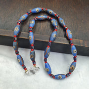 Venetian Style Face Bead Necklace, Blue Mask red Whiteheart Trade Beads 30mm, African Style Glass Bead Strand, Handmade Restrung