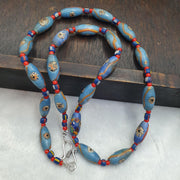 Blue Venetian Style Face Bead Necklace,  Mask red Whiteheart Trade Beads 30mm, African Style Glass Bead Strand, Handmade Restrung