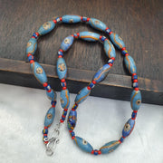 Blue Venetian Style Face Bead Necklace,  Mask red Whiteheart Trade Beads 30mm, African Style Glass Bead Strand, Handmade Restrung