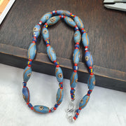 Blue Venetian Style Face Bead Necklace,  Mask red Whiteheart Trade Beads 30mm, African Style Glass Bead Strand, Handmade Restrung