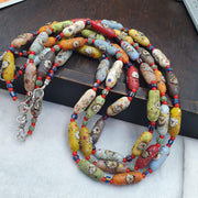 Venetian Style Face Bead Necklace, Multicolor Speckled Glass with Millefiori Mask Canes, African Trade Bead Strand, Restrung