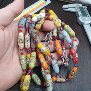 Venetian Style Face Bead Necklace, Multicolor Speckled Glass with Millefiori Mask Canes, African Trade Bead Strand, Restrung