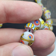 Venetian Style Eye Bead Necklace, White Glass with Red and Blue Eye Canes  Star Chevron Beads,