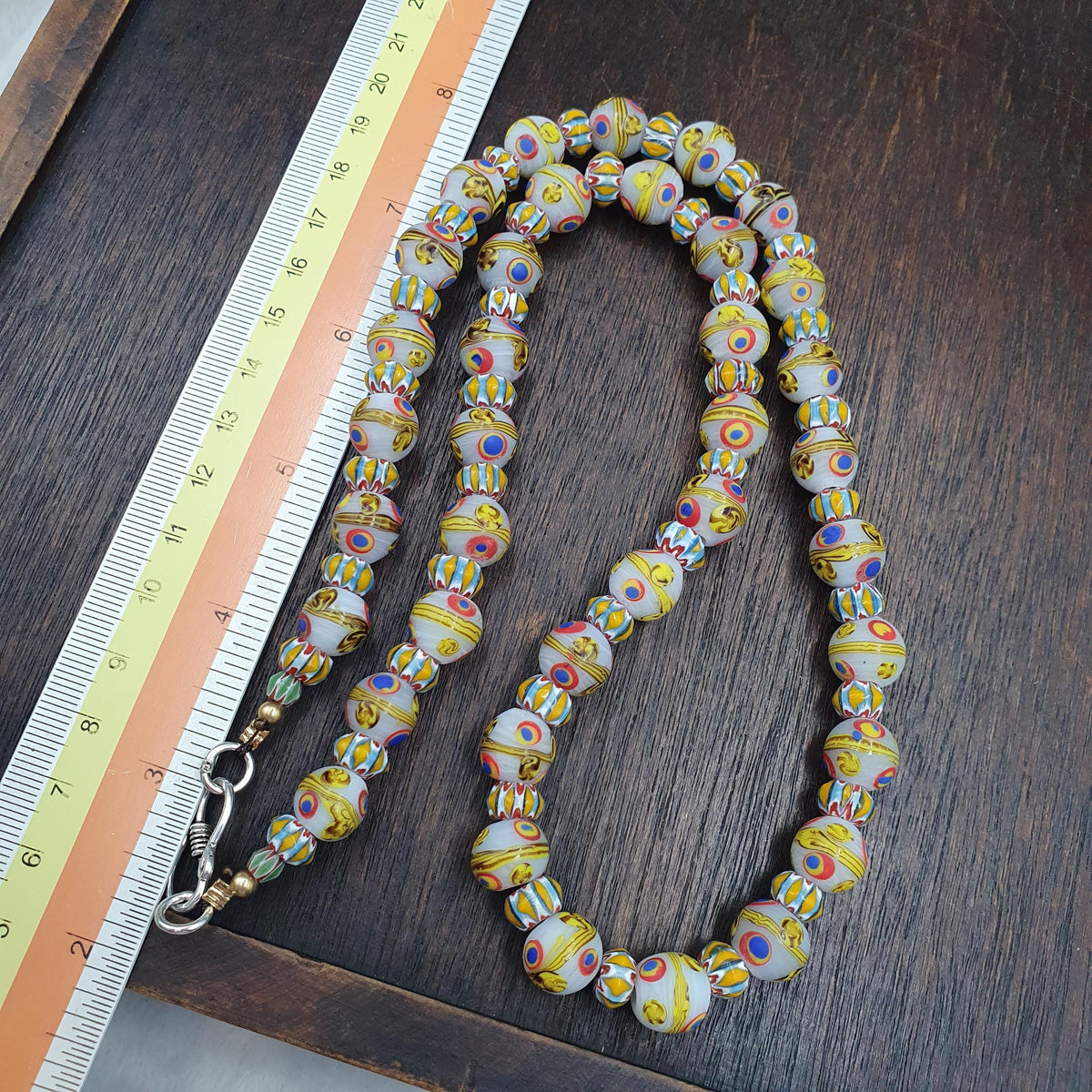 Venetian Style Eye Bead Necklace, White Glass with Red and Blue Eye Canes  Star Chevron Beads,