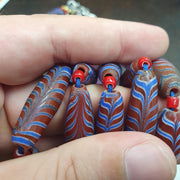 Red Feather Trade Bead Necklace, Blue and White Combed Glass Torpedo Beads, African Style Bead Strand, Handmade Restrung