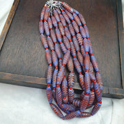 Red Feather Trade Bead Necklace, Blue and White Combed Glass Torpedo Beads, African Style Bead Strand, Handmade Restrung