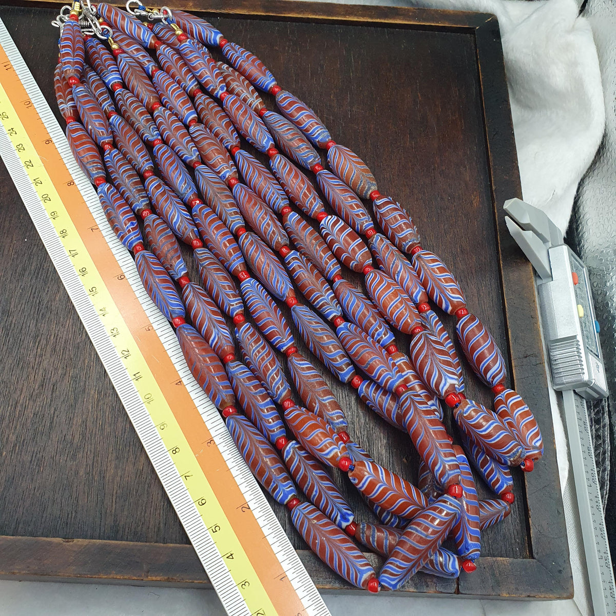 Red Feather Trade Bead Necklace, Blue and White Combed Glass Torpedo Beads, African Style Bead Strand, Handmade Restrung