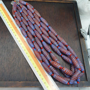Red Feather Trade Bead Necklace, Blue and White Combed Glass Torpedo Beads, African Style Bead Strand, Handmade Restrung