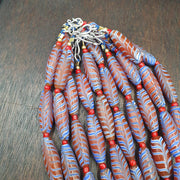 Red Feather Trade Bead Necklace, Blue and White Combed Glass Torpedo Beads, African Style Bead Strand, Handmade Restrung