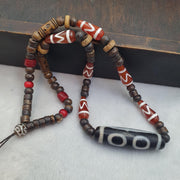 Rare Heaven & Earth 3 eye Dzi Bead – Tibetan Agate Etched Carnelian, Bone spirituality and dreams Necklace