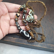 Tibetan 2 Eye Dzi Agate Necklace Himalayan Amulet Bead Talisman Bone Beads Nepal Cord Mala