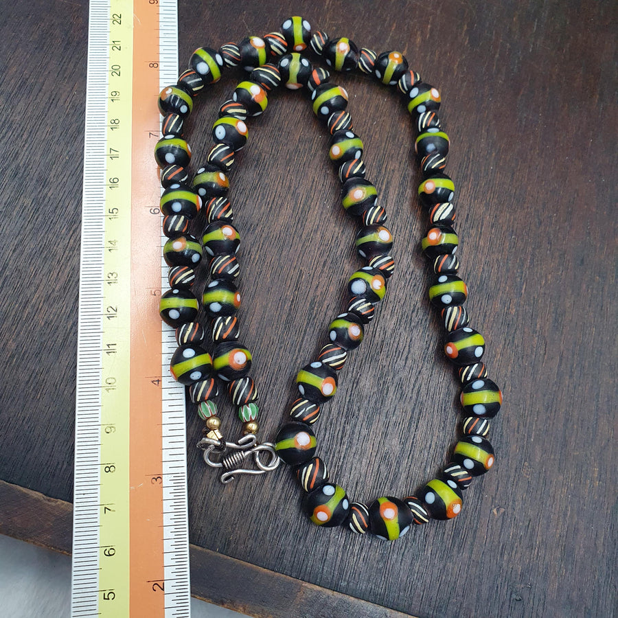 Black Green Orange Beaded Necklace, 11mm Handmade Artisan Statement Jewelry, Colorful Round Beads, Unique Gift for Her