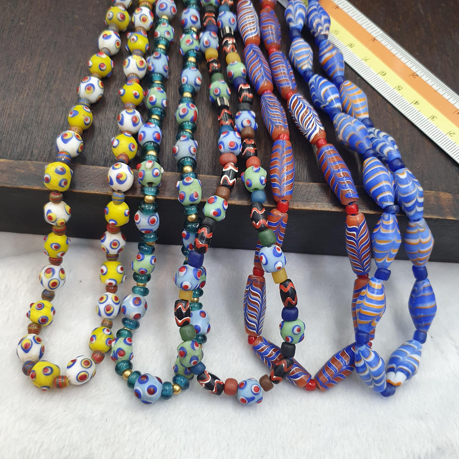 Lot 5 Venetian Style Beaded Necklaces, Blue White Yellow Multicolor Artisan Jewelry, Colorful Statement Necklace, Decorative Beads