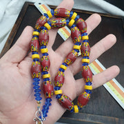 Venetian Style Chevron Glass Beads With Yellow and Blue Spaces Beads Necklace