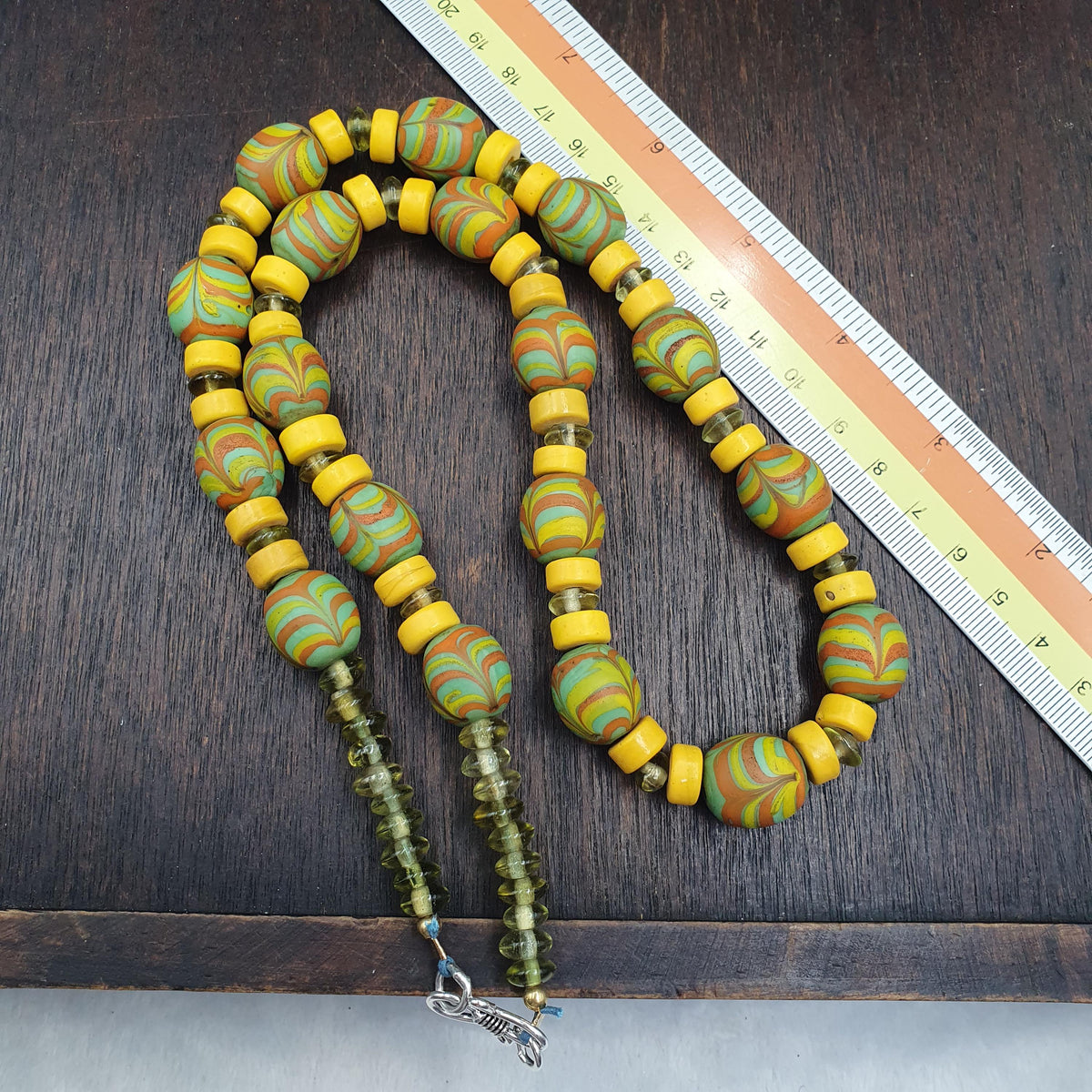 Venetian Style Chevron Glass Beads With Yellow and white Spacer Beads Necklace