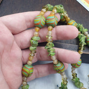 Venetian Style Chevron Glass Beads With Yellow green Spacer Beads Necklace
