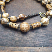 South Asian burmese old pumtek and Tibetan Yak Bone beads long necklace