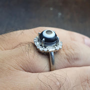Silver plated brass Ring With Tibetan Goat Eye Agate Center Stone