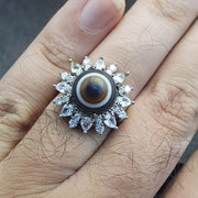 Silver plated brass Ring With Tibetan Goat Eye Agate Center Stone
