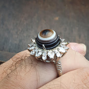 Silver plated brass Ring With Tibetan Goat Eye Agate Center Stone