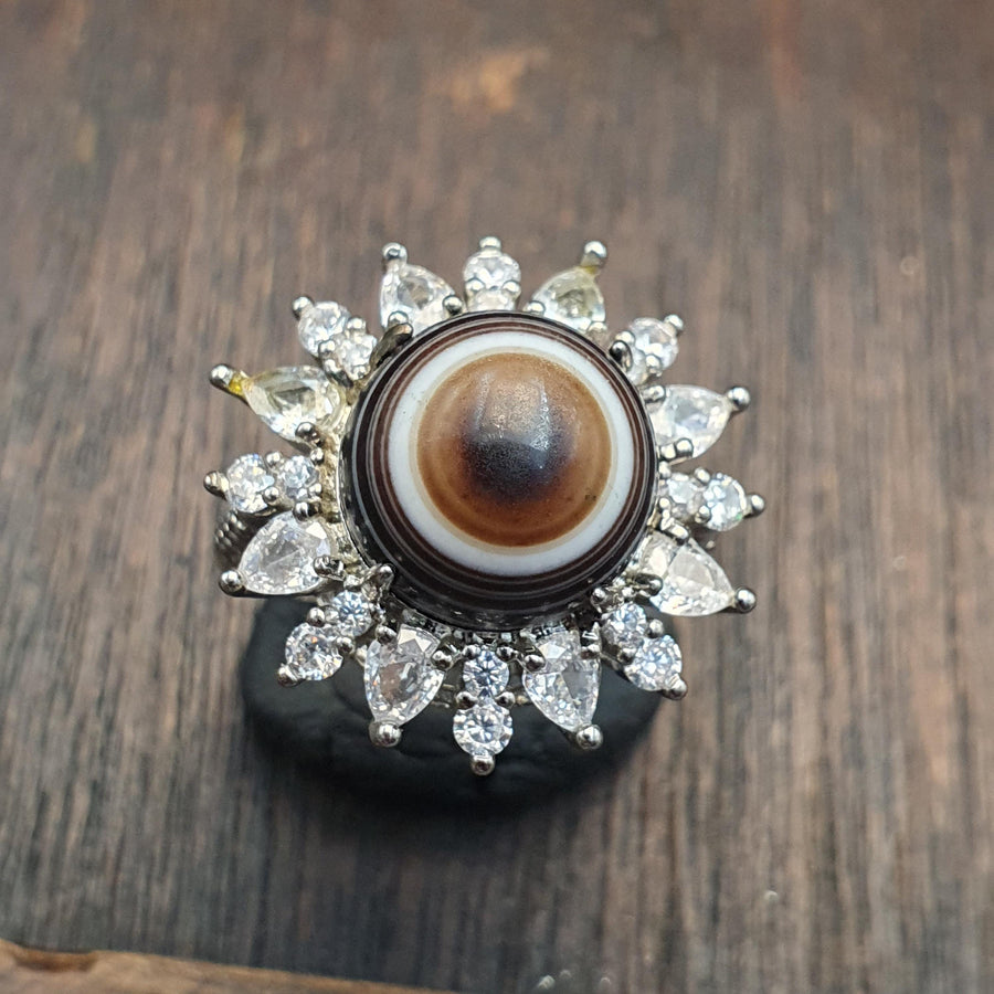 Silver plated brass Ring With Tibetan Goat Eye Agate Center Stone