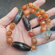 Himalayan Agate Carnelian Necklace, Banded Eye Agate Beads, clear Quartz Spacers, Tibetan Dzi Style Stone Strand, Collector Bead Jewelry