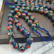 Blue Glass Trade Bead Necklace, African Beads with Red and Speckled Multicolor, Large Round Bead Strand, Tribal Boho Statement Jewelry